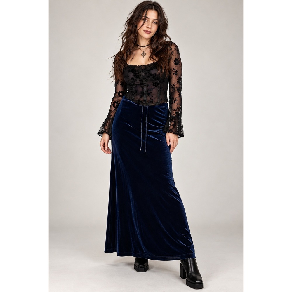 90s Whimsigoth Blue Velvet Maxi Skirt Witchy Dark Romantic Medium M